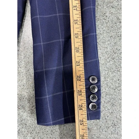 French Crown Men's 42 Blue Windowpane Pattern Wool Rich Double Breasted Suit NEW